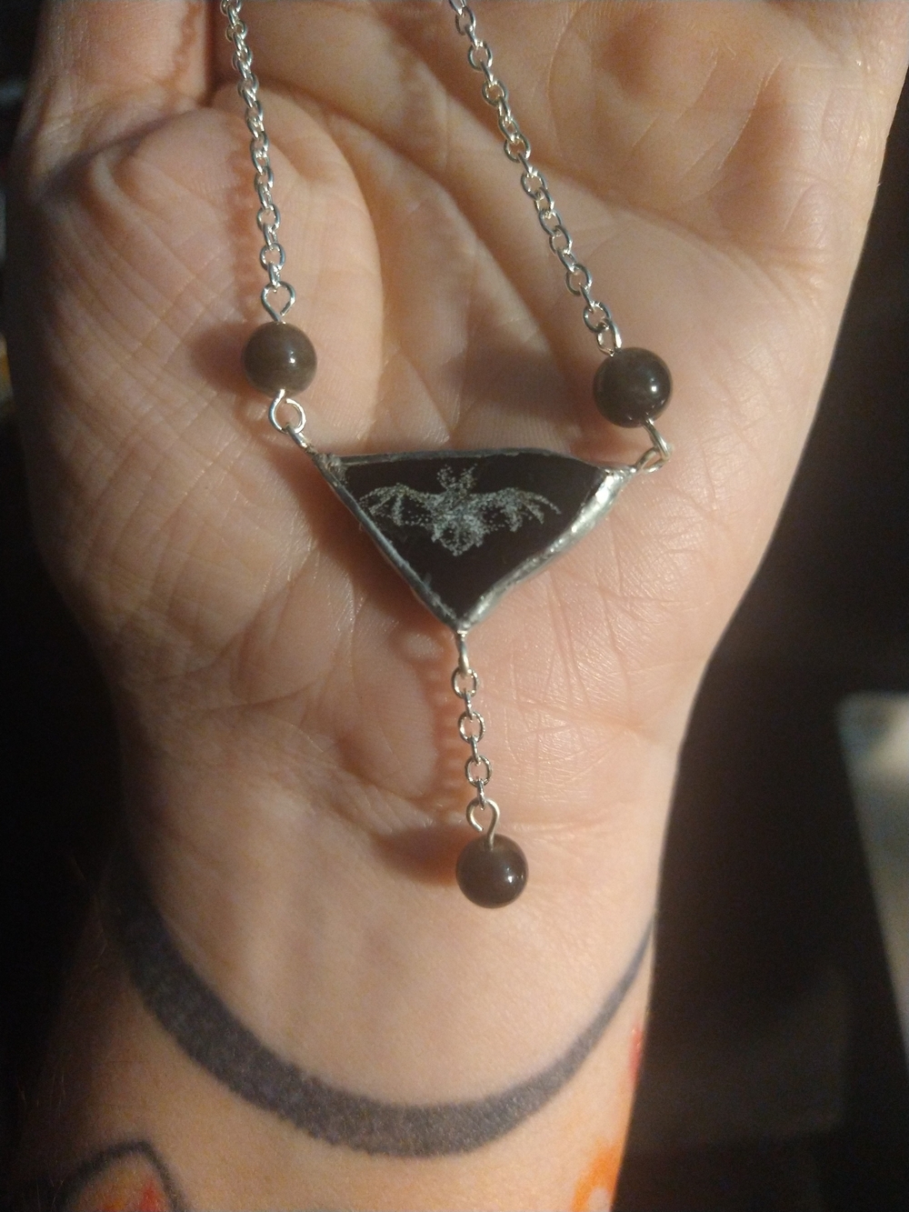 Black Marble Triangle Engraved Bat Pendant Necklace with Silver Obsidian Accents
